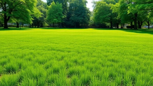 Lush green lawn in sunny park, ideal for Muskegon lawn services.
