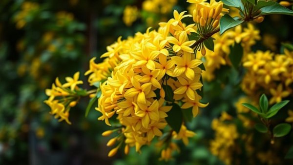 Lush yellow jasmine vine blooming on a green backdrop