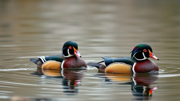 Two wood ducks swimming, Michigan wood duck state symbol.