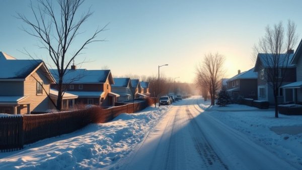 Winter view of suburban homes in Vineland with snow and sun.