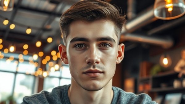 Young man in cafe with warm lighting and decor, AI small business growth