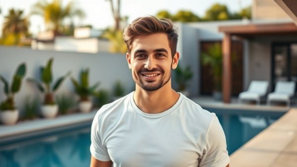 Casually confident man in blue shirt standing by a pool, AI for tax season