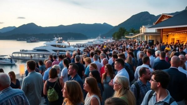 Michigan Sustainable Tourism Summit with vibrant waterfront gathering at sunset.