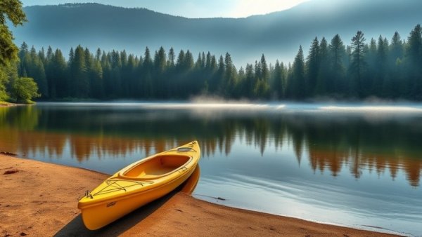 Tranquil lake with kayak at Michigan Sustainable Tourism Summit Keweenaw Peninsula.