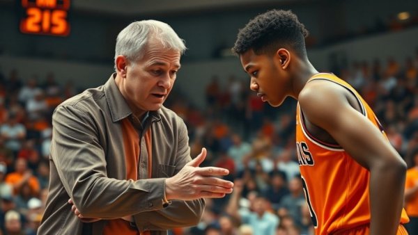 Basketball coach instructs player, Tennessee Final Four prediction focus.