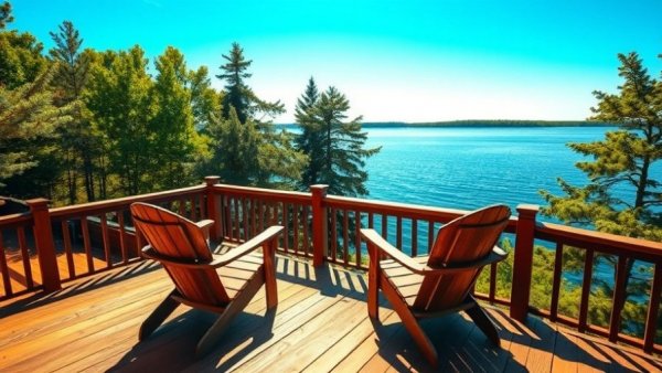 Tranquil Michigan lake escape with scenic deck view