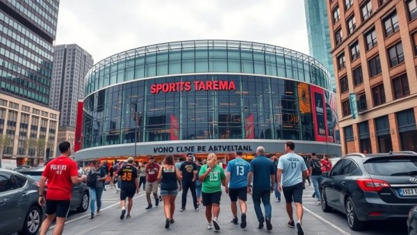 Fans outside Michigan sports arena, showcasing city life.