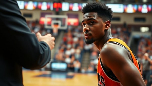 Big Ten basketball moment with player and coach mid-game.