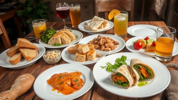 Assorted dishes and drinks at Marine City Fish Company dining table