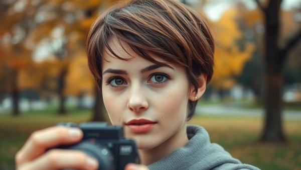 Young woman capturing a photo in a park with an orange sweater.