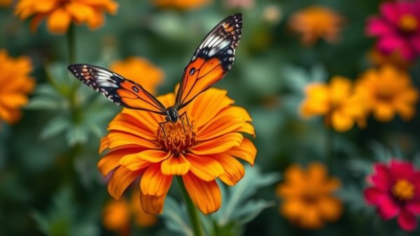 Butterfly on marigold showcasing gardening reduces stress benefits.