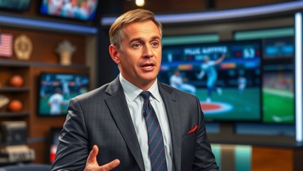 Host in plaid suit on nightly sports call show.