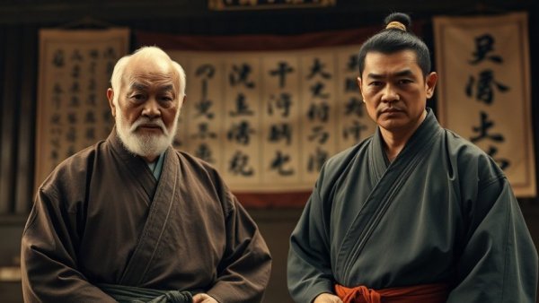 Vintage photo of martial arts masters in traditional Japanese setting.