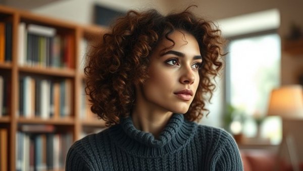 Thoughtful woman indoors in warm light.