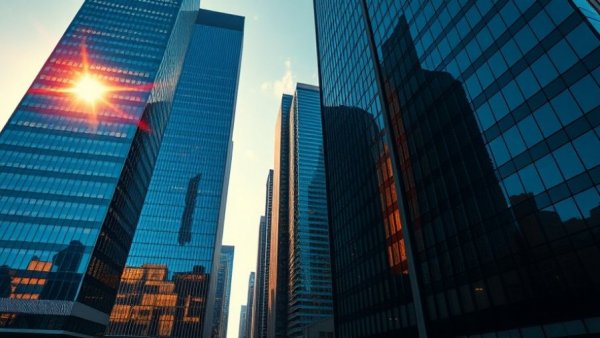 Skyscrapers reflecting sunlight amid Evergrande Property Services earnings decline