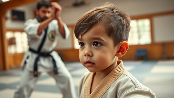 Young child in martial arts class practicing with instructor, Gurnee.