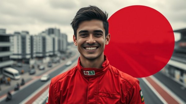 Confident racer in red suit at urban racetrack, dynamic style.