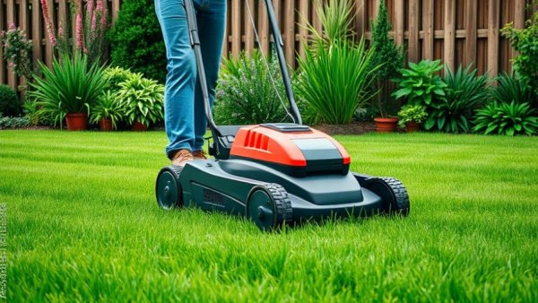 Spring lawn care tips in Muskegon: mowing a green lawn.