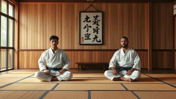 Karate training in Japan, martial artists meditating in dojo.