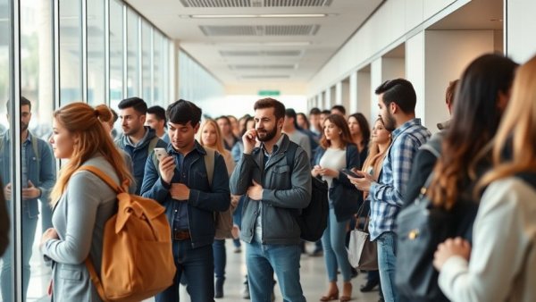 People waiting in a modern hallway, man using phone, lifelike.