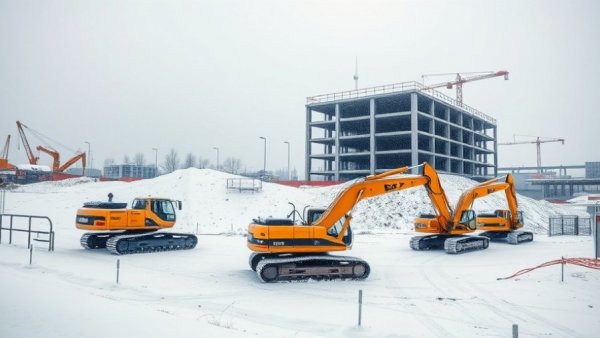 Snow-covered Michigan City Project Maize construction site with idle excavators.
