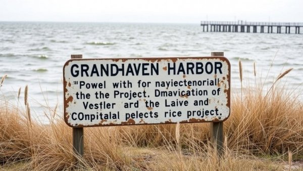 Grand Haven Harbor navigation project sign in Michigan near lake.