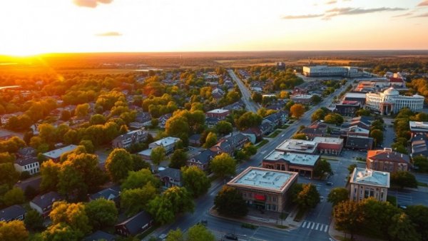 Aerial view of Northwest Arkansas real estate trends during sunset.