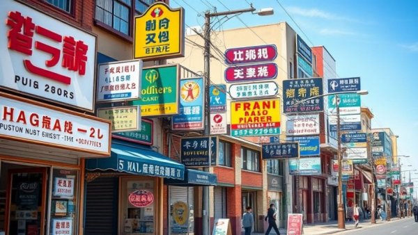 Vibrant street with small businesses, colorful signs.