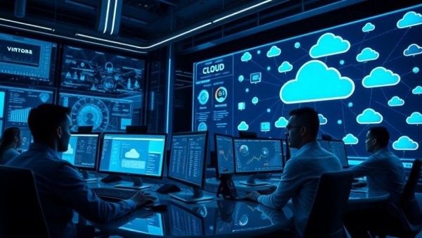 Professionals analyze cloud data on screens; AI demand cloud maturity exhibit.