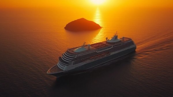 Cruise ship at sunset near island, symbolizing Great Lakes cruise boom.