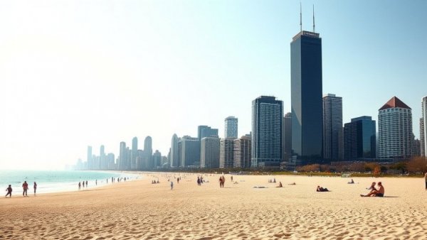 Lake Michigan travel destinations featuring beach and cityscape.