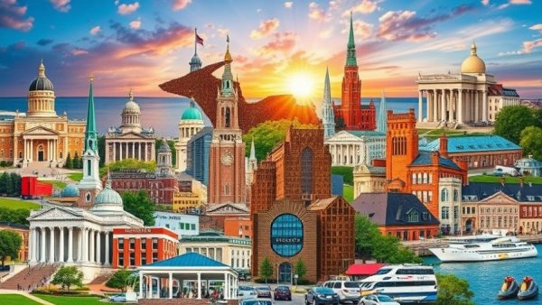 Michigan tourism updates with vibrant collage of landmarks.