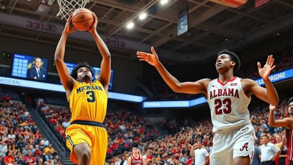 Michigan basketball player and Alabama player in action at an indoor arena.
