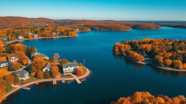 Scenic lake aerial view in autumn, an ideal day trip from Detroit.