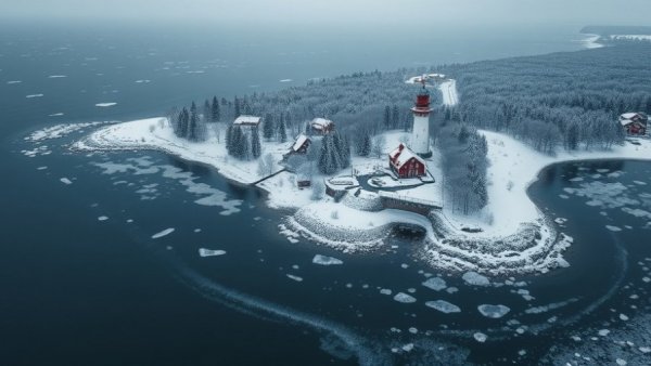 Aerial view of Keweenaw Peninsula in winter showcasing snowy outdoor adventures.