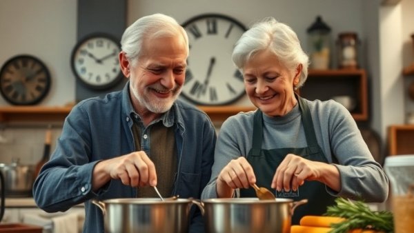 Elderly couple enjoying cooking in a cozy kitchen, illustrating low-cost small business ideas for families.