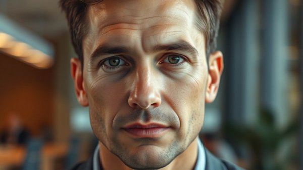 Close-up portrait of a man in an office setting.