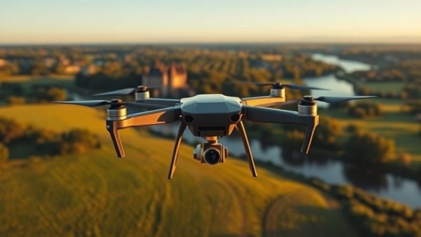 Drone over UK landscape at sunset, linked to defence tech.
