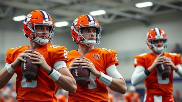 Clemson quarterbacks practicing indoors, showcasing focus and determination.