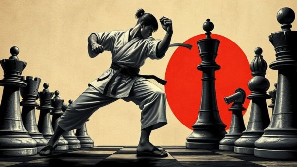 Chess boxing Gurnee theme with martial artist and chess pieces.