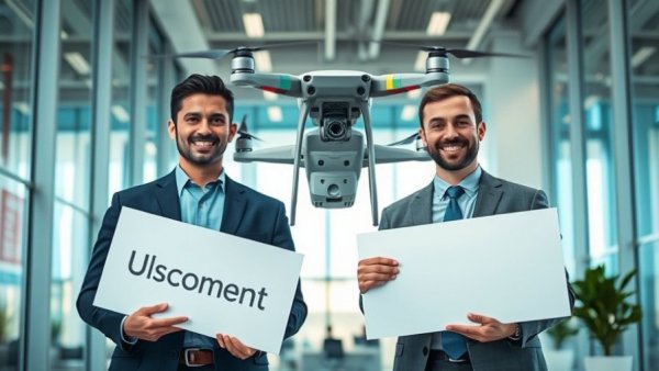Businessmen indoors with drone showcasing building inspections with advanced AI and technologies.