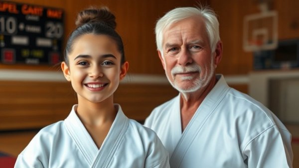 Karateka and coach smiling at karate lessons Gurnee event.