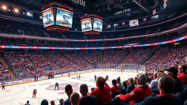 Saginaw Spirit fans intently watch playoff game in dynamic ice hockey arena.