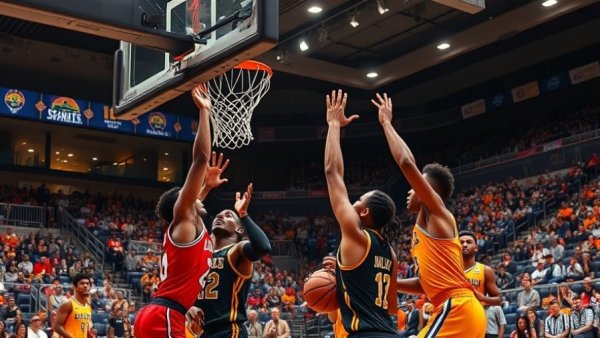 College basketball game action, players shoot hoop, vibrant stadium crowd.