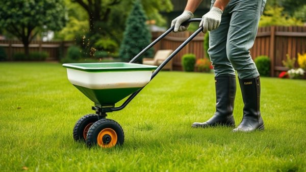Gardener using a spreader for lawn fertilization in garden
