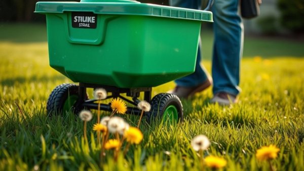 Efficient lawn fertilization with green spreader scattering nutrients.