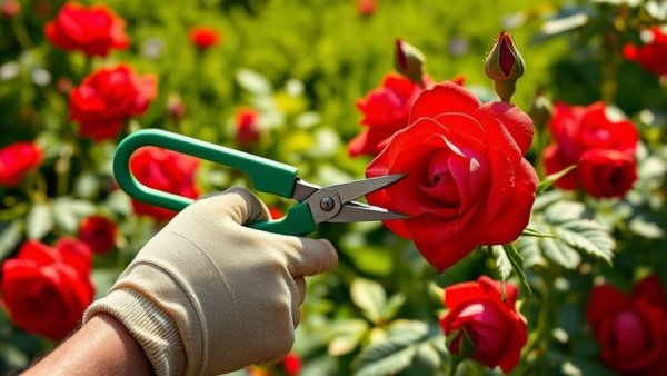Pruning Knockout roses with garden shears in bright sunlight.