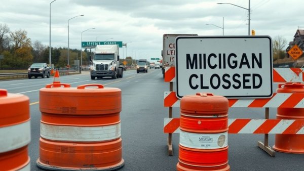 Michigan road construction scene with barriers and road closed signs.
