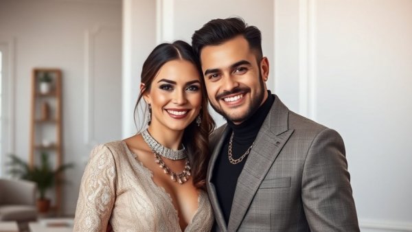 Elegant couple smiling indoors, real estate market trends Australia concept.