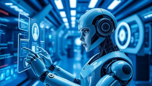 Futuristic agentic AI robot using holographic displays.